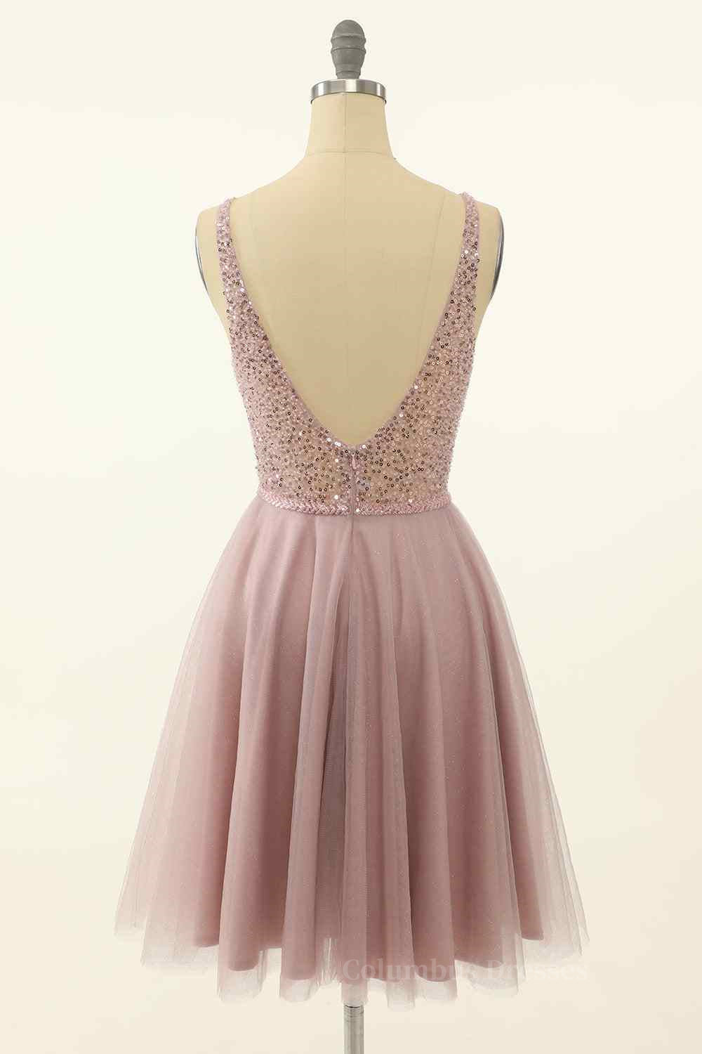Party Dress High Neck, Dusty Pink A-line V Neck Sequins Tulle Mini Homecoming Dress