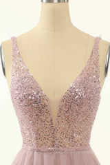 Corset Prom Dress, Dusty Pink A-line V Neck Sequins Tulle Mini Homecoming Dress