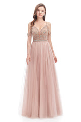 Prom Dress Elegent, Dusty Pink Crystal Sparkle Starry Prom Dresses with Straps Backless