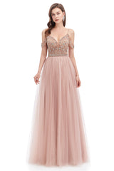 Prom Dresses Elegent, Dusty Pink Crystal Sparkle Starry Prom Dresses with Straps Backless