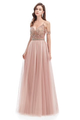Prom Dress Shopping Near Me, Dusty Pink Crystal Sparkle Starry Prom Dresses with Straps Backless