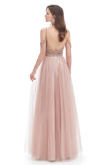 Prom Dress Shops Near Me, Dusty Pink Crystal Sparkle Starry Prom Dresses with Straps Backless