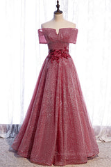 Formal Dresses Modest, Dusty Pink Off-the-Shoulder Applique Beaded Long Formal Dress