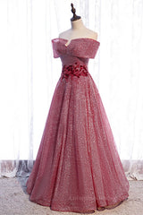 Formal Dresses For Black Tie Wedding, Dusty Pink Off-the-Shoulder Applique Beaded Long Formal Dress