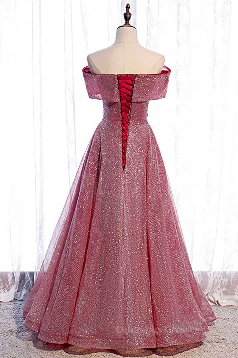 Formal Dress Modest, Dusty Pink Off-the-Shoulder Applique Beaded Long Formal Dress