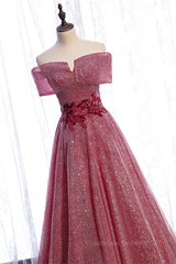 Formal Dress With Embroidered Flowers, Dusty Pink Off-the-Shoulder Applique Beaded Long Formal Dress