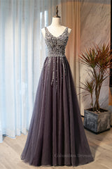 Formal Dress Long Elegant, Dusty Purple A-line Sequins-Embroidered Long Formal Dress