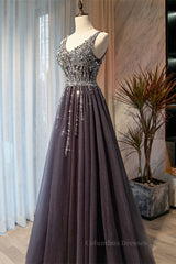 Formal Dress Vintage, Dusty Purple A-line Sequins-Embroidered Long Formal Dress
