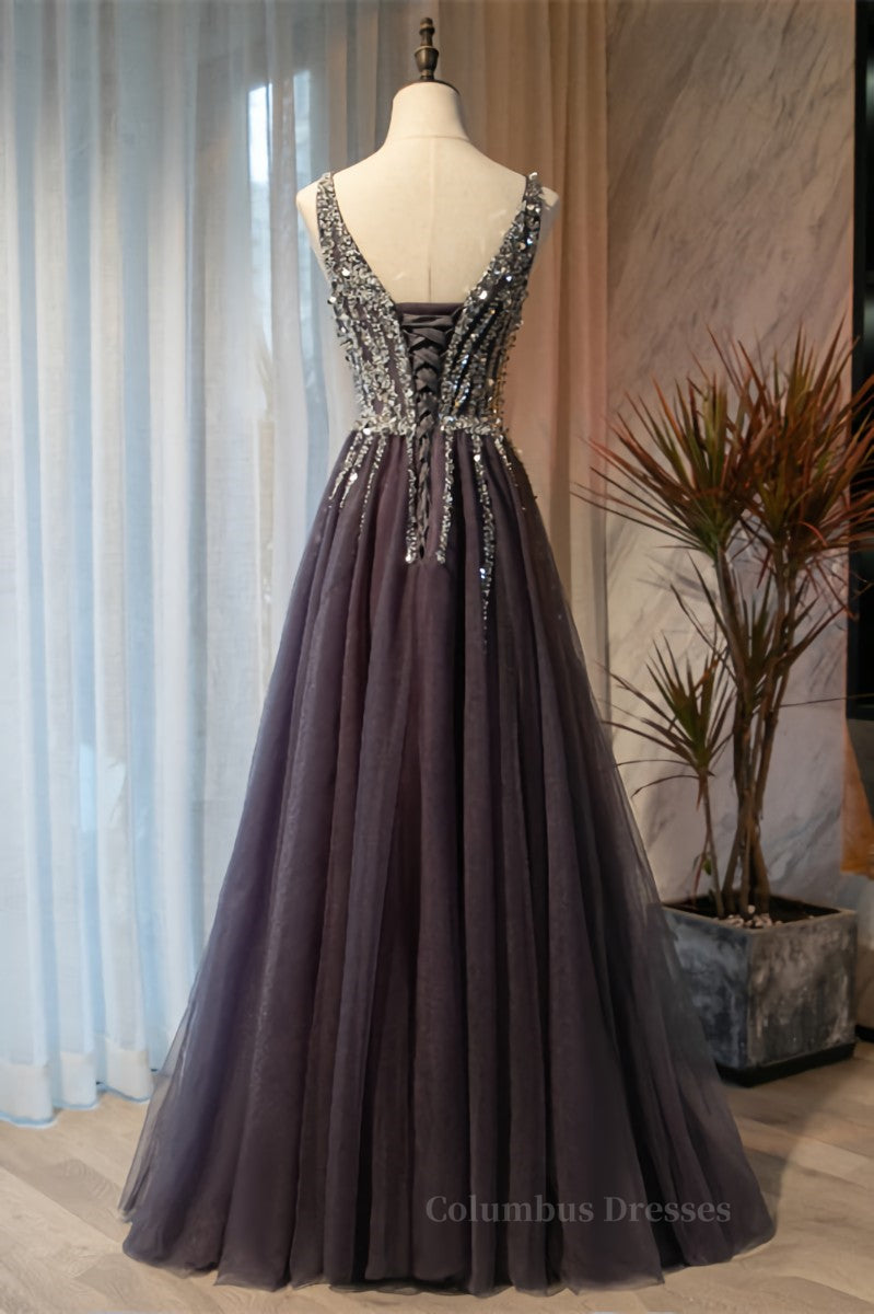Formal Dress For Teen, Dusty Purple A-line Sequins-Embroidered Long Formal Dress