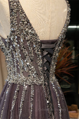 Formal Dresses For Teen, Dusty Purple A-line Sequins-Embroidered Long Formal Dress