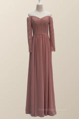 Bridesmaid Dresses Mismatched Spring Wedding Colors, Dusty Rose Lace Long Sleeves Long Bridesmaid Dress
