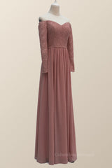 Bridesmaid Dress Long Sleeves, Dusty Rose Lace Long Sleeves Long Bridesmaid Dress