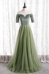 Formal Dress For Weddings Guest, Dusty Sage Beaded Illusion Neck Off-the-Shoulder Long Formal Dress with Sleeves