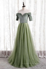 Formal Dress To Attend Wedding, Dusty Sage Beaded Illusion Neck Off-the-Shoulder Long Formal Dress with Sleeves