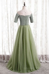 Formal Dresses Wedding Guest, Dusty Sage Beaded Illusion Neck Off-the-Shoulder Long Formal Dress with Sleeves