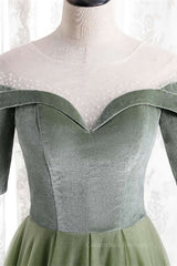 Formal Dresses Over 80, Dusty Sage Beaded Illusion Neck Off-the-Shoulder Long Formal Dress with Sleeves