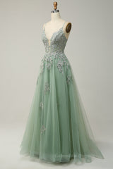 Bridesmaid Dresses Sage Green, Dusty Sage Plunging V Neck Appliques Lace-Up A-line Long Prom Dress
