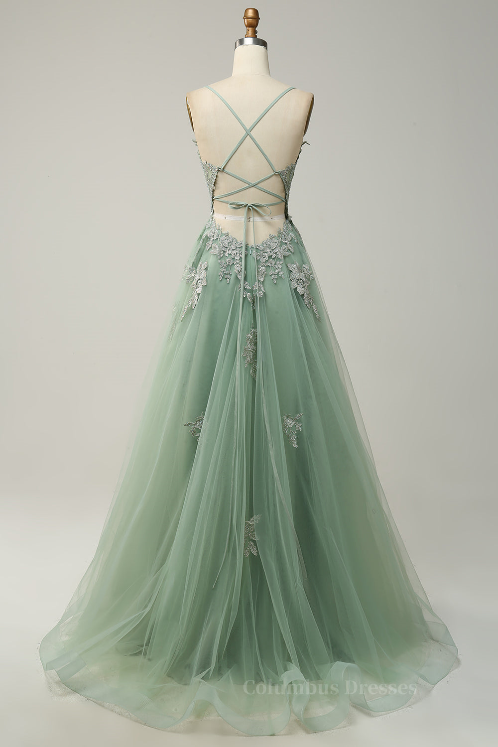 Wedding Ideas, Dusty Sage Plunging V Neck Appliques Lace-Up A-line Long Prom Dress