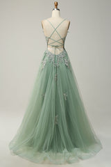 Wedding Ideas, Dusty Sage Plunging V Neck Appliques Lace-Up A-line Long Prom Dress