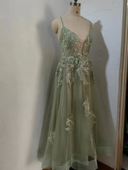 Dusty Sage Prom Dress hundido V Cuello Apliques Lace-Up A-Line Long Night Vestido