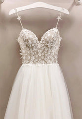 Formal Dress On Sale, White Tulle Long A-Line Prom Dresses with Lace