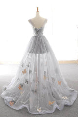 Floral Prom Dress, Gray Long Prom Dress with Butterfly, New Arrival Unique Evening Dress