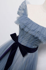 Formal Dress For Wedding Guest, Blue Off the Shoulder Tulle Long Prom Dress with Sash, Sparkly Formal Gown