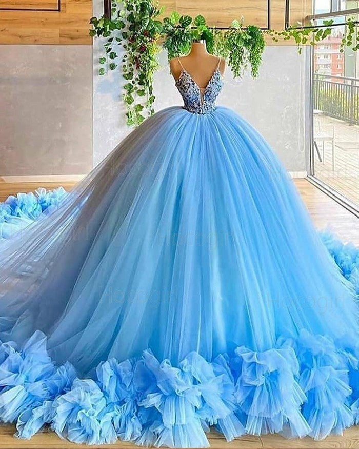 Evening Dresses Near Me, spaghetti straps beading bodice tulle ball gown evening dress with handmade flowers
