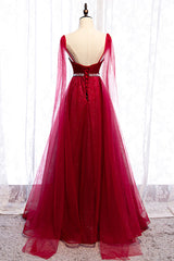 Burgundy Prom Dresses, Spagetti-Strap Sleeveless Prom Dress Tulle Ruffles with Beadings