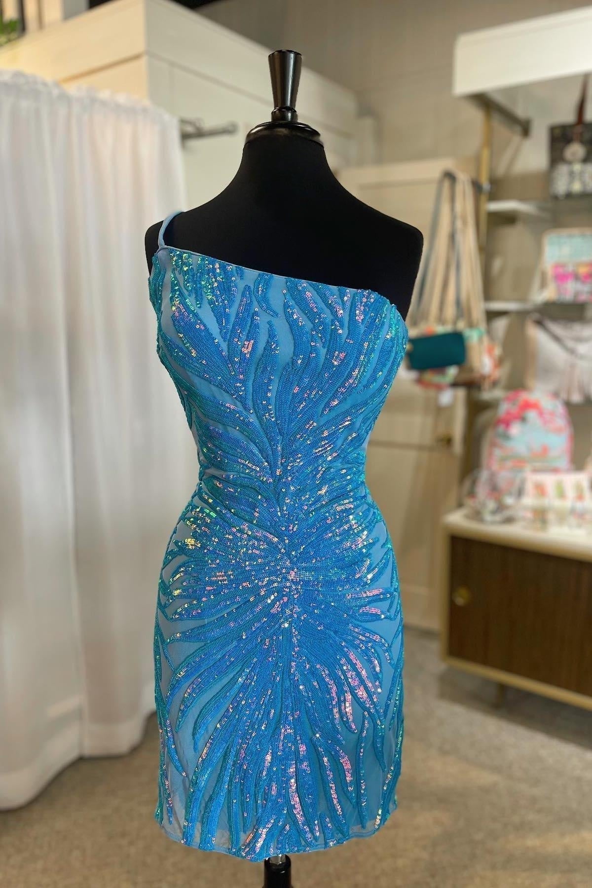 Prom Dress Type, Blue One Shoulder Sequined Sheath Homecoming Dress