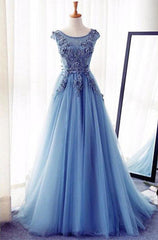 Prom Dress Website, Appliques Lace Up Capped Sleeves A-Line/Princess Tulle 2024 Blue Prom Dresses