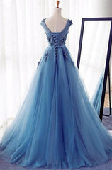 Prom Dresses Websites, Appliques Lace Up Capped Sleeves A-Line/Princess Tulle 2024 Blue Prom Dresses