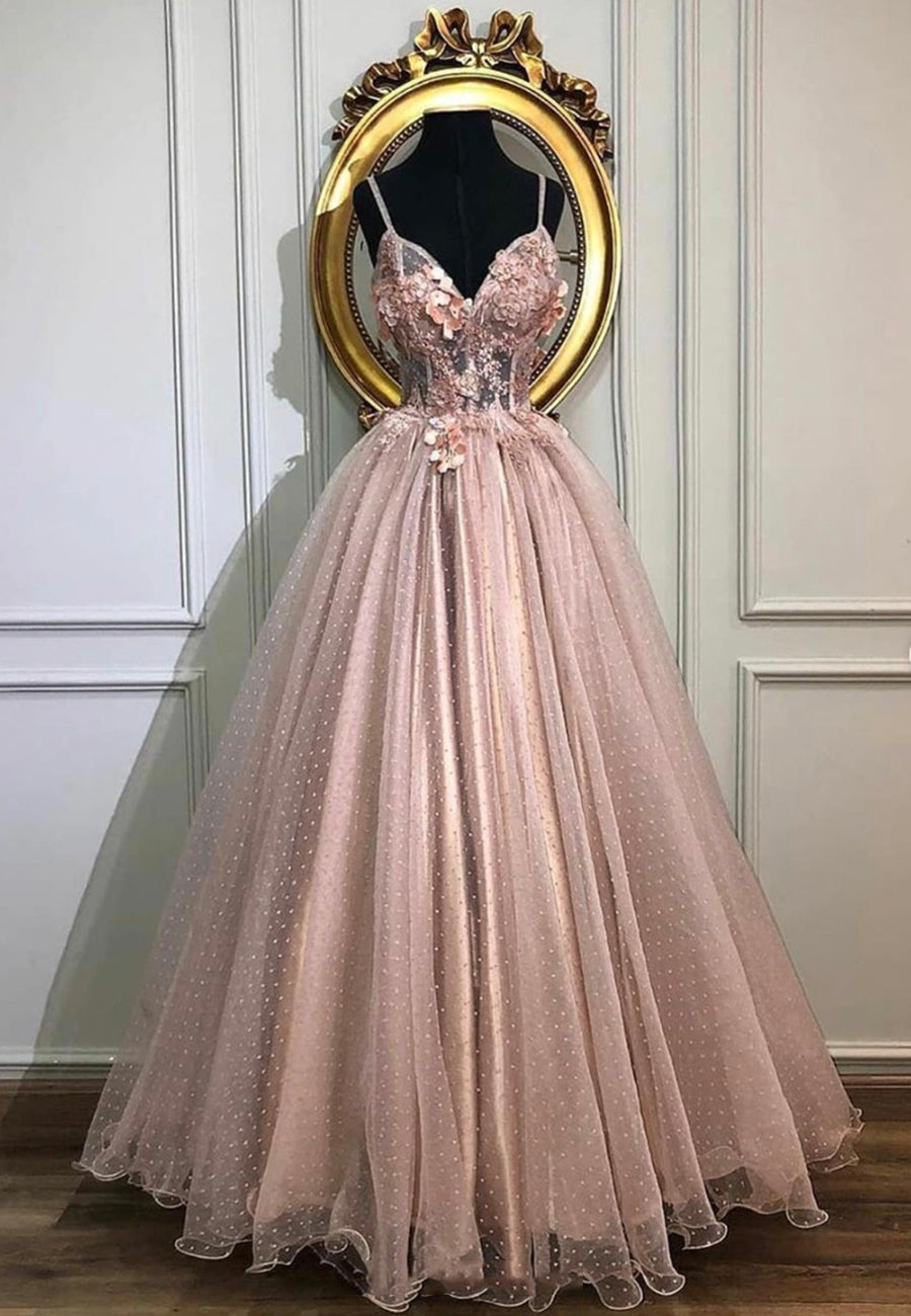 Prom Dresses Long Sleeves, Pink Lace Long Prom Dresses, A-Line Evening Dresses