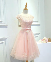 Party Dress Online, Pink Lace Tulle Short Prom Dress, Pink Evening Dress