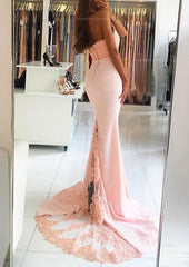Prom Dresses Gold, Elastic Satin Court Train Trumpet/Mermaid Sleeveless Halter Covered Button Prom Dress With Beaded