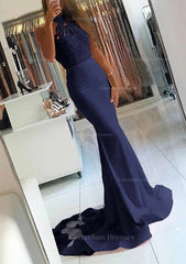 Dress, Elastic Satin Court Train Trumpet/Mermaid Sleeveless Halter Covered Button Prom Dress With Beaded