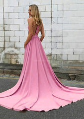 Prom Dress Long With Slit, Elastic Satin Prom Dress A-Line/Princess High-Neck Chapel Train With Pleated