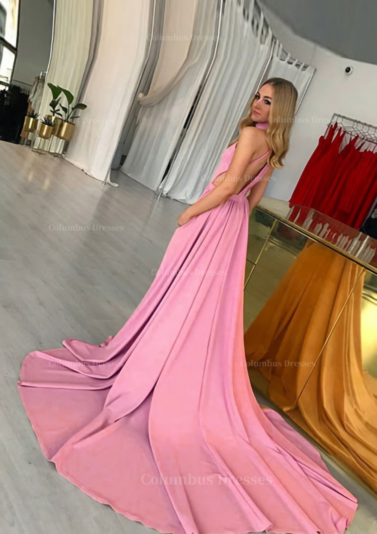 Prom Dresses Long With Slit, Elastic Satin Prom Dress A-Line/Princess High-Neck Chapel Train With Pleated
