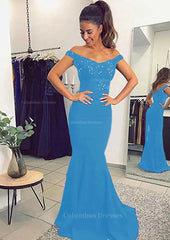 Blue Prom Dress, Elastic Satin Prom Dress Trumpet/Mermaid Off-The-Shoulder Sweep Train With Lace