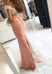 Prom Dresses 2051 Cheap, Elastic Satin Prom Dress Trumpet/Mermaid V-Neck Sweep Train With Lace
