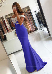 Prom Dresses Patterns, Elastic Satin Prom Dress Trumpet/Mermaid V-Neck Sweep Train With Lace