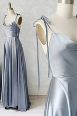 Boho Dress, Elegant A Line Gray Satin Long Prom Dresses, Gray Formal Graduation Evening Dresses