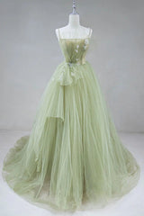 Bridesmaid Dress Websites, Elegant A Line Open Back Green Tulle Long Prom Dresses, Green Formal Graduation Evening Dresses