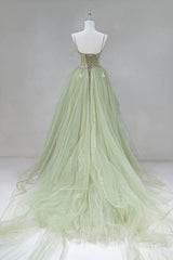 Bridesmaid Dress Website, Elegant A Line Open Back Green Tulle Long Prom Dresses, Green Formal Graduation Evening Dresses