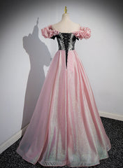 Prom Dresses Piece, Elegant A-line Pink Off Shoulder Long Evening Dress, Pink with Black Lace Long Prom Dress