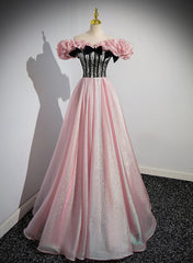 Prom Dress Long Elegant, Elegant A-line Pink Off Shoulder Long Evening Dress, Pink with Black Lace Long Prom Dress