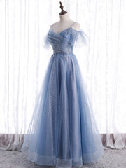 Bridesmaides Dresses Blue, Elegant  A line Tulle Sequin Blue Long Prom Dress, Tulle Blue Formal Evening Dress