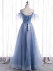 Bridesmaid Dress Blue, Elegant  A line Tulle Sequin Blue Long Prom Dress, Tulle Blue Formal Evening Dress