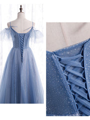 Bridesmaid Dresses Blues, Elegant  A line Tulle Sequin Blue Long Prom Dress, Tulle Blue Formal Evening Dress