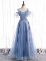 Bridesmaids Dresses Blue, Elegant  A line Tulle Sequin Blue Long Prom Dress, Tulle Blue Formal Evening Dress